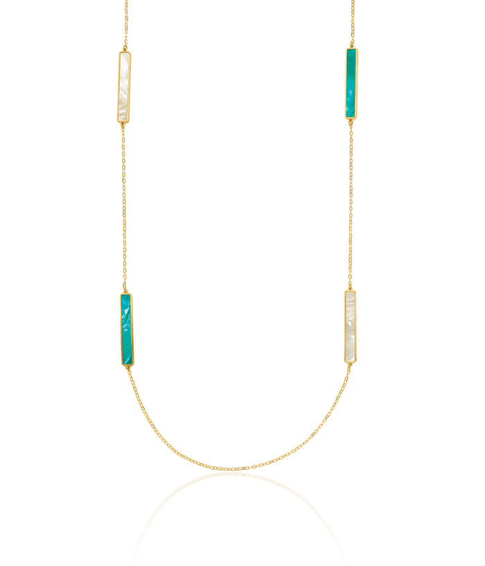 14K Solid Yellow Gold Teal/white Mother of Pearl Reversible Bar Necklace Chain