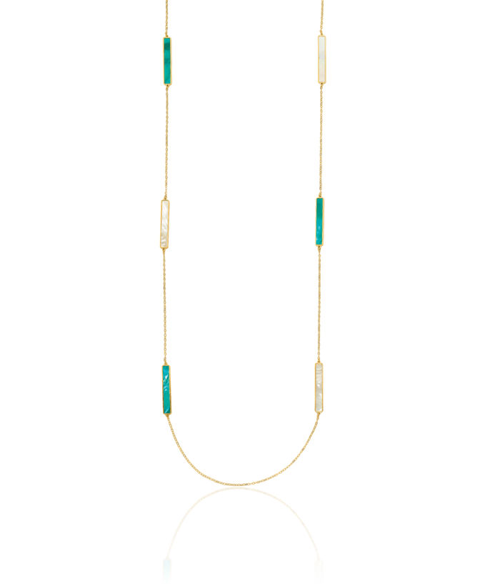 14K Solid Yellow Gold Teal/white Mother of Pearl Reversible Bar Necklace Chain