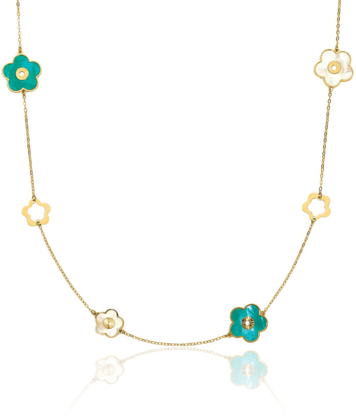 14K Solid Yellow Gold Teal/white Mother of Pearl Reversible Flower Necklace Chain