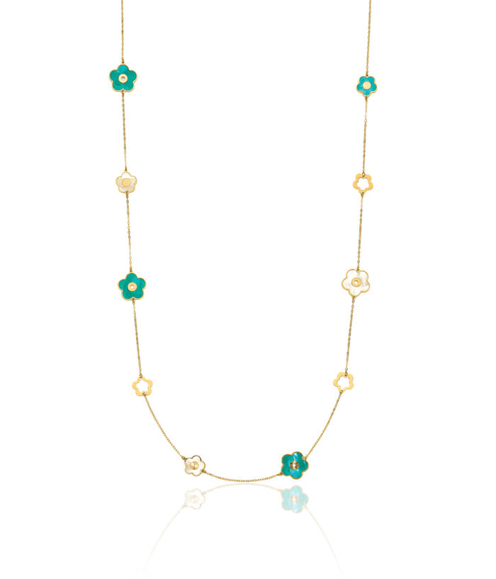 14K Solid Yellow Gold Teal/white Mother of Pearl Reversible Flower Necklace Chain