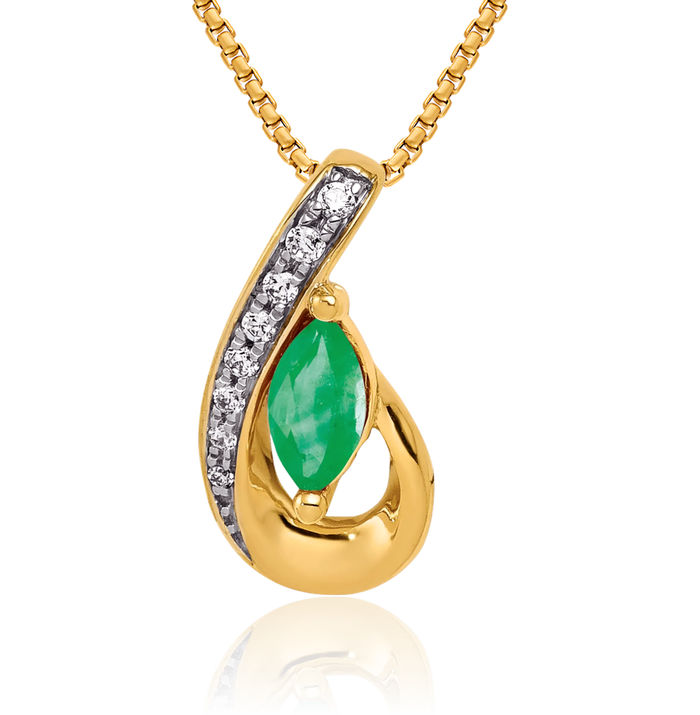 14K Solid Yellow Gold Teardrop Diamond Green Emerald Necklace Charm Gemstone Pendant