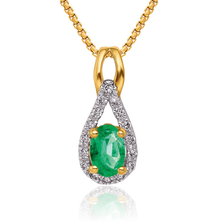 14K Solid Yellow Gold Teardrop Diamond Oval Green Emerald Necklace Gemstone Pendant Charm