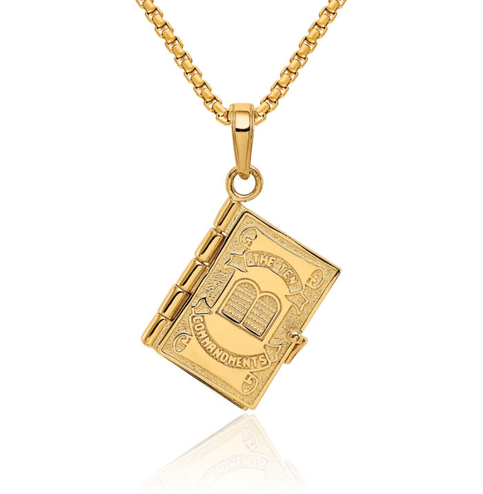14K Solid Yellow Gold Ten Commandments Bible Necklace Chain Pendant Charm