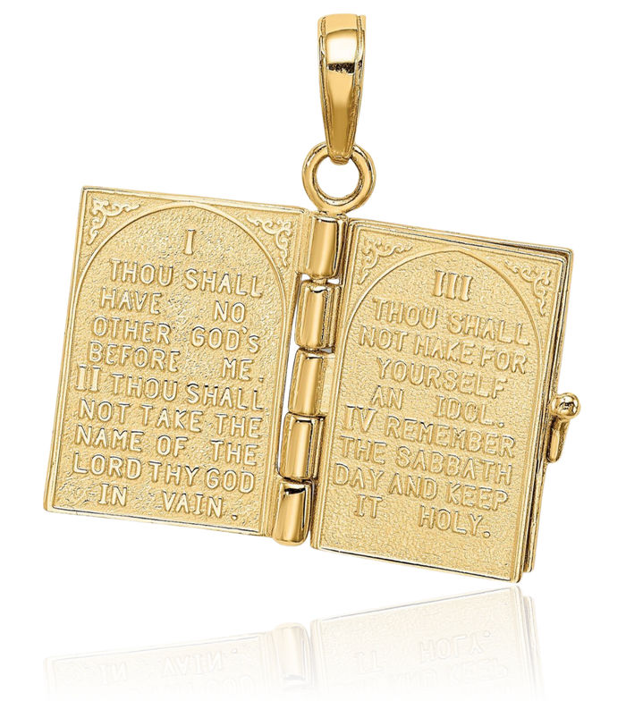 14K Solid Yellow Gold Ten Commandments Bible Necklace Chain Pendant Charm