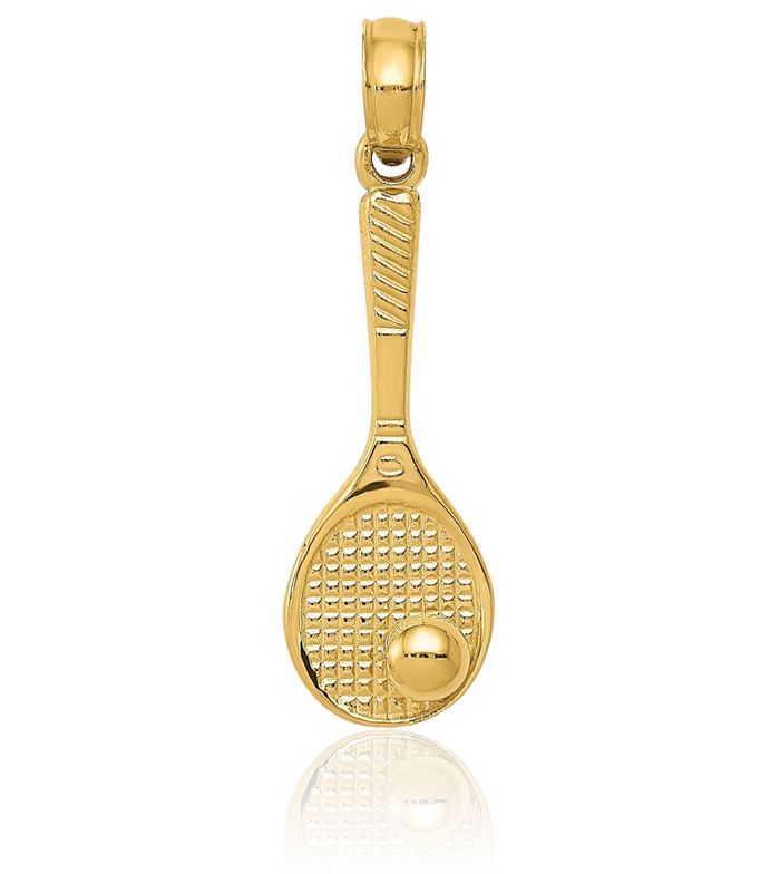 14K Solid Yellow Gold Tennis Racquet Ball Necklace Charm Sports Pendant