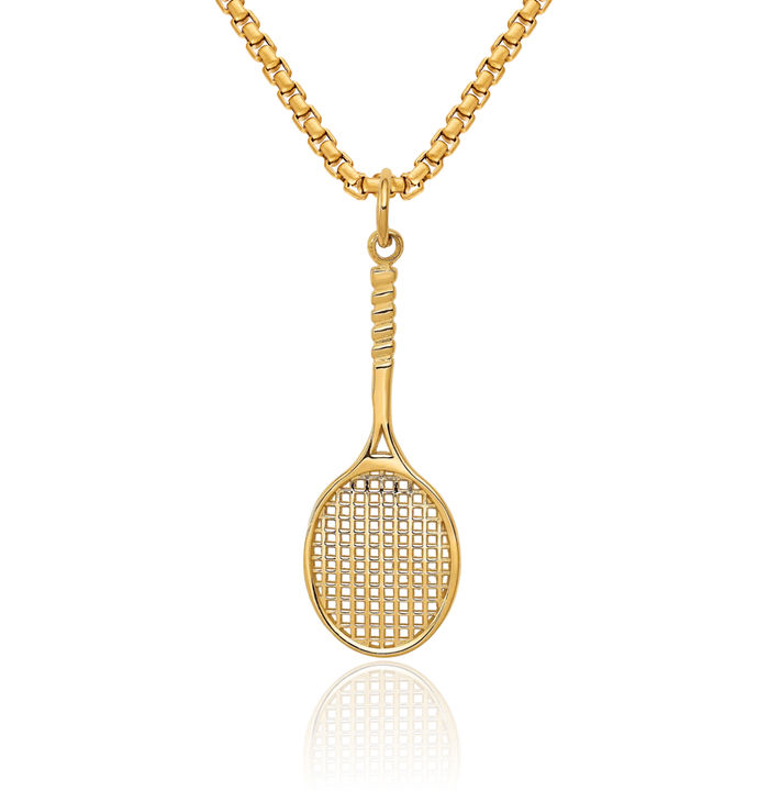 14K Solid Yellow Gold Tennis Racquet Necklace Charm Sports Pendant