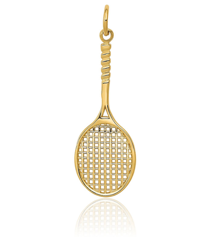 14K Solid Yellow Gold Tennis Racquet Necklace Charm Sports Pendant