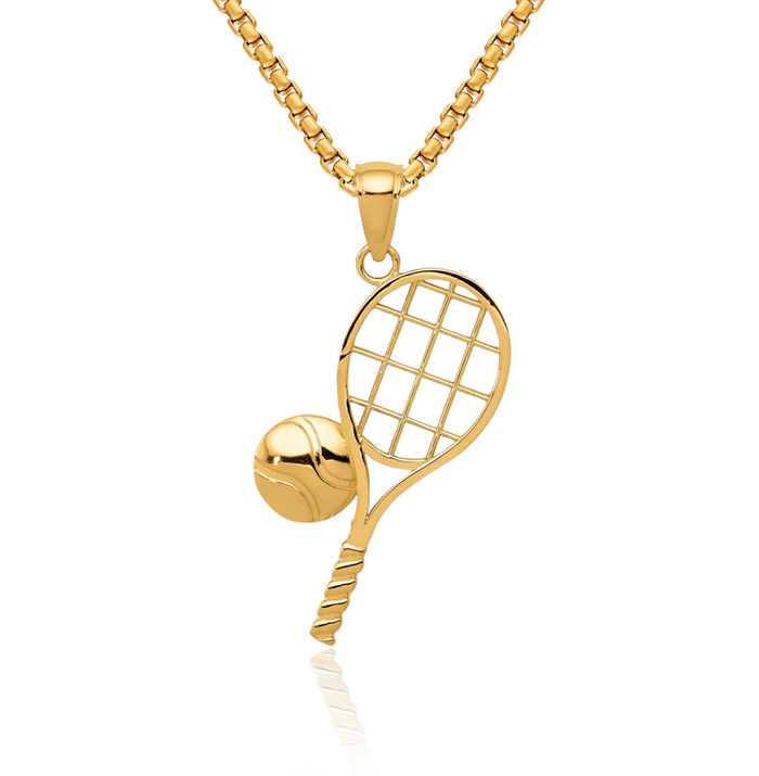 14K Solid Yellow Gold Tennis Racquet Necklace Charm Sports Pendant