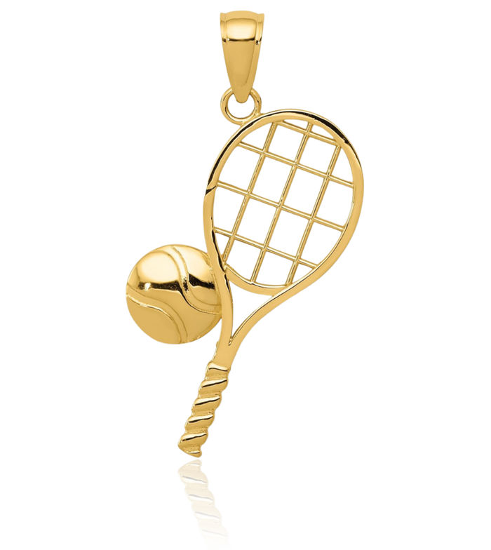 14K Solid Yellow Gold Tennis Racquet Necklace Charm Sports Pendant