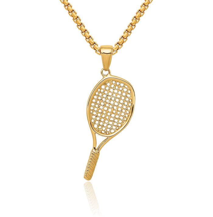 14K Solid Yellow Gold Tennis Racquet Necklace Charm Sports Pendant