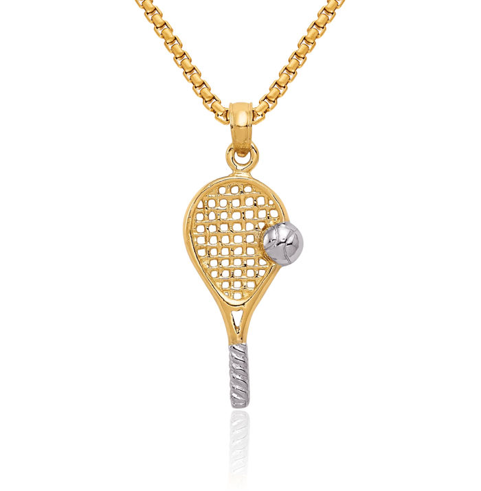 14K Solid Yellow Gold Tennis Racquet Necklace Charm Sports Pendant