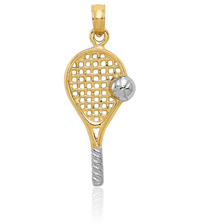 14K Solid Yellow Gold Tennis Racquet Necklace Charm Sports Pendant