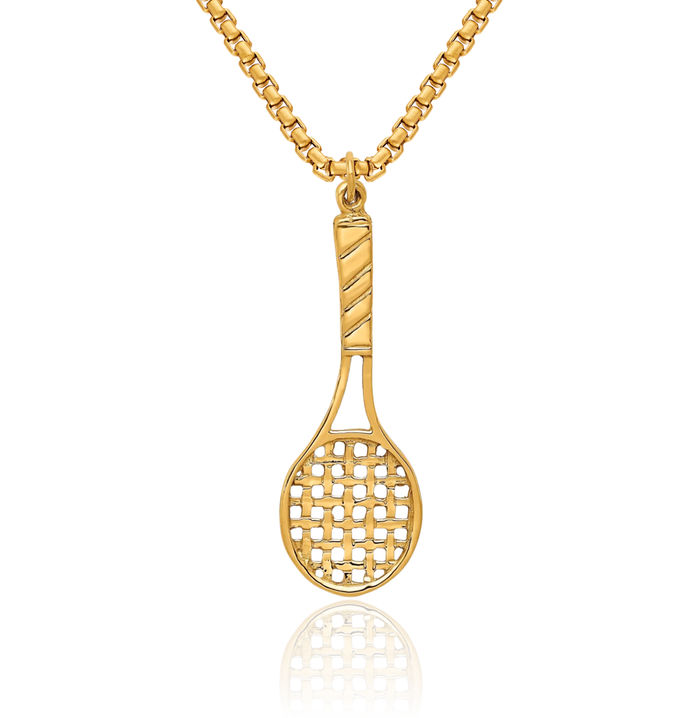 14K Solid Yellow Gold Tennis Racquet Necklace Charm Sports Pendant