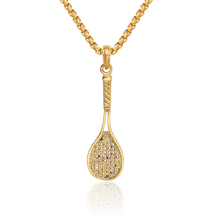 14K Solid Yellow Gold Tennis Racquet Necklace Charm Sports Pendant