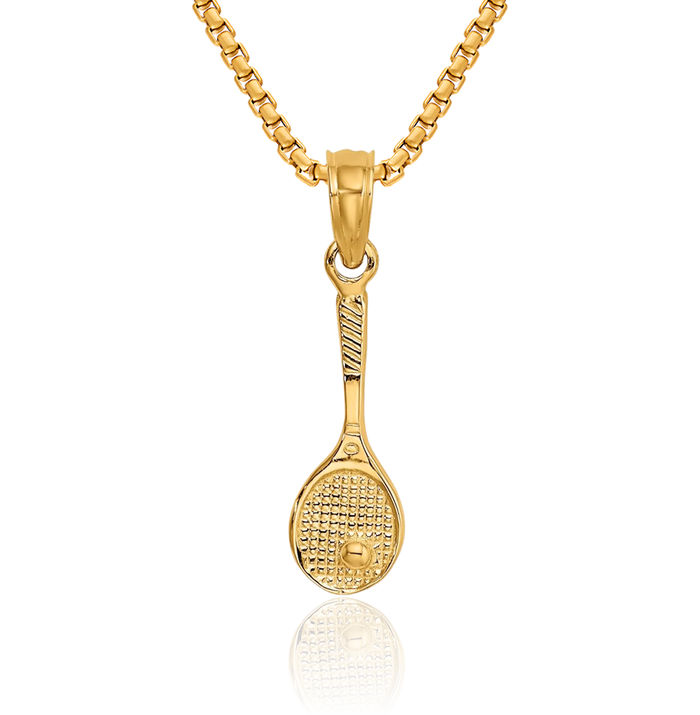 14K Solid Yellow Gold Tennis Racquet Necklace Charm Sports Pendant