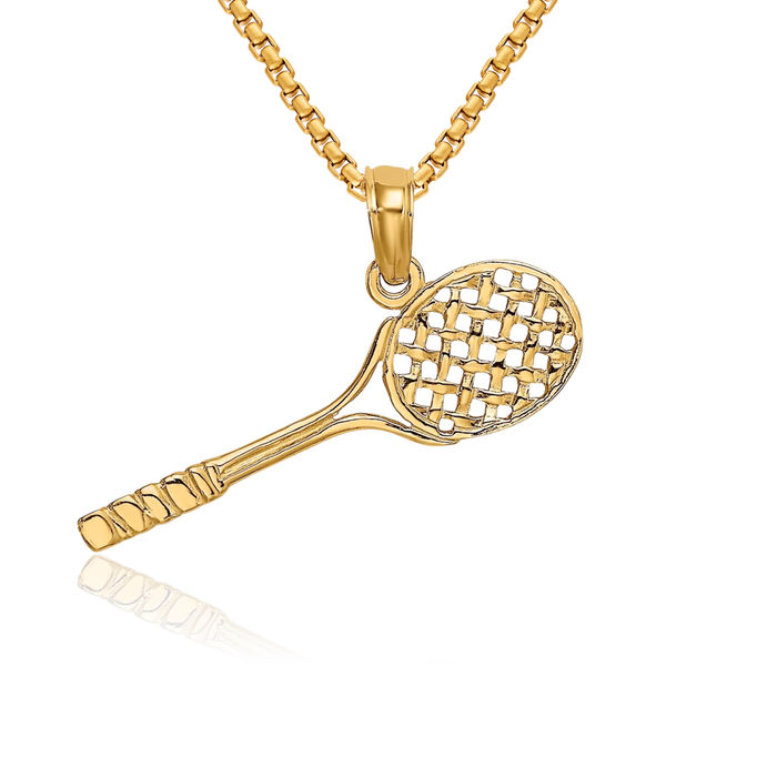 14K Solid Yellow Gold Tennis Racquet Necklace Charm Sports Pendant