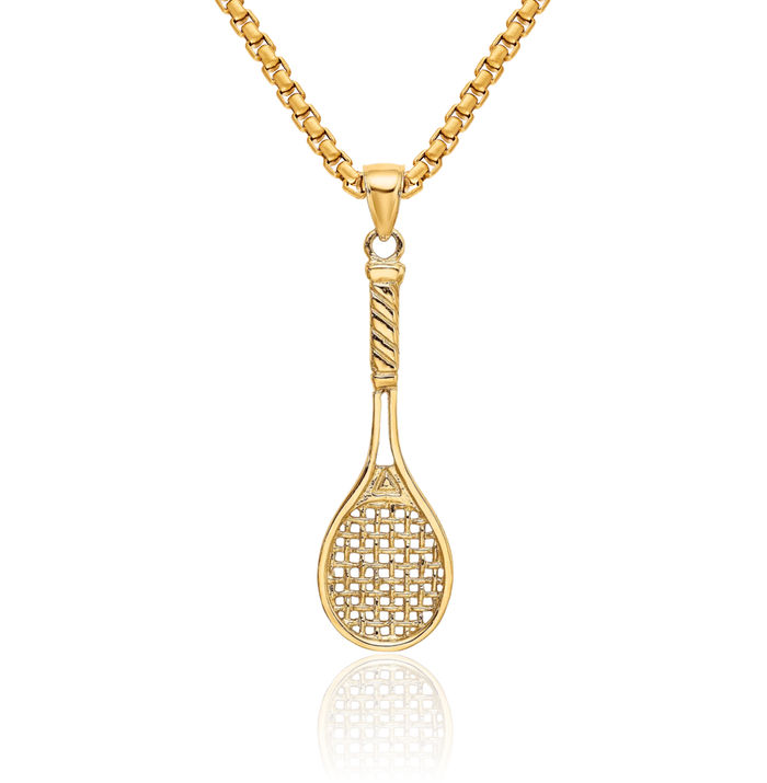 14K Solid Yellow Gold Tennis Racquet Necklace Charm Sports Pendant