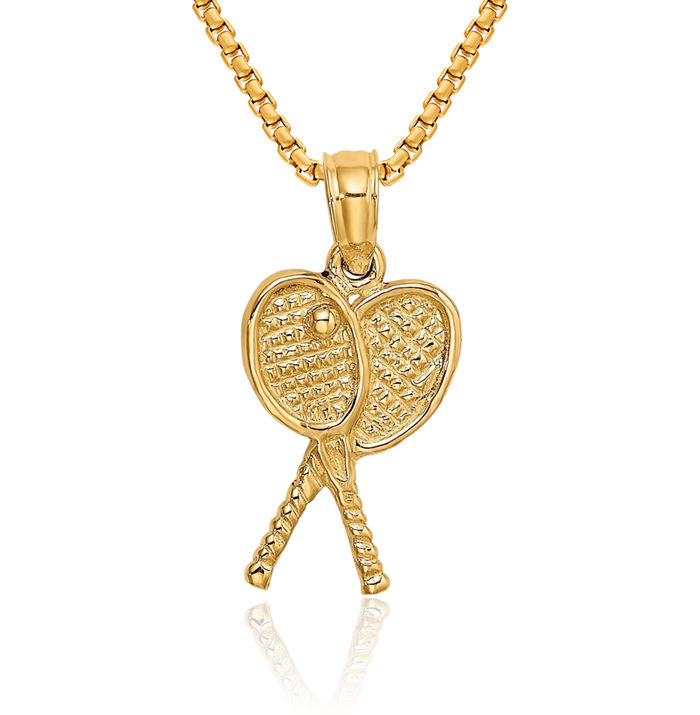 14K Solid Yellow Gold Tennis Racquets Necklace Charm Sports Pendant