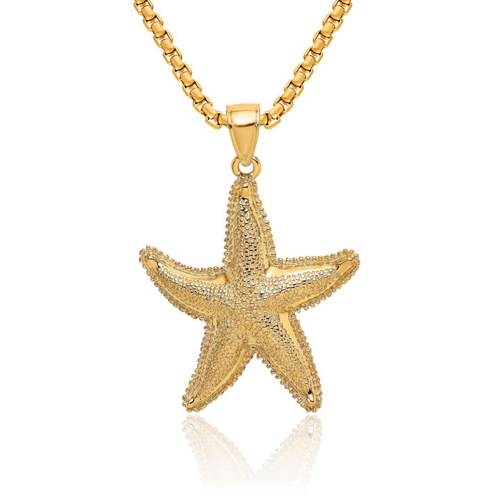 14K Solid Yellow Gold Texutred Starfish Necklace Chain Pendant Charm