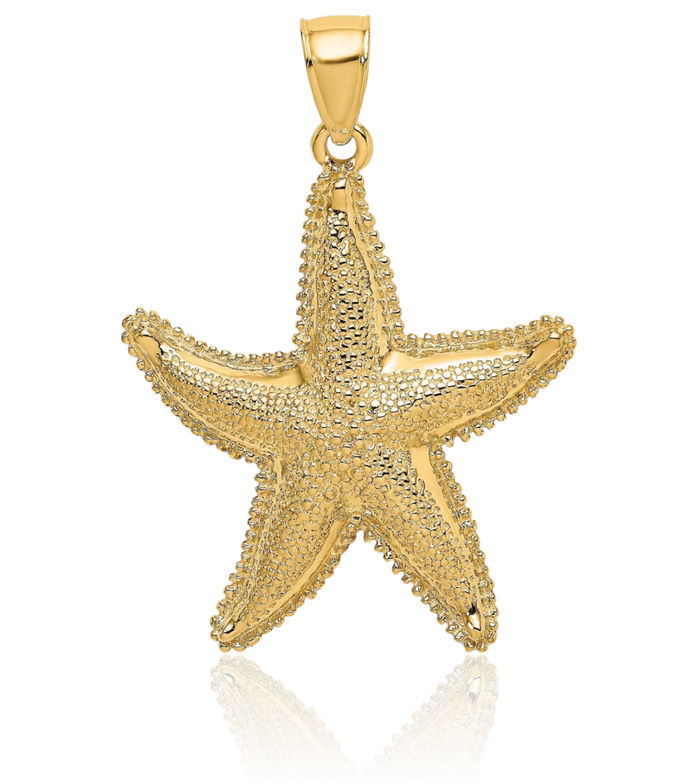 14K Solid Yellow Gold Texutred Starfish Necklace Chain Pendant Charm