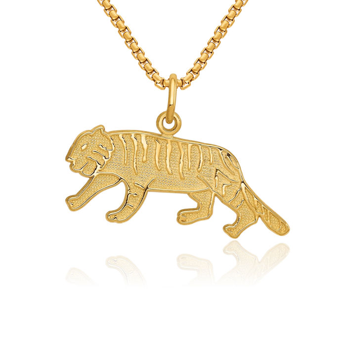 14K Solid Yellow Gold Tiger Necklace Chain Pendant Charm