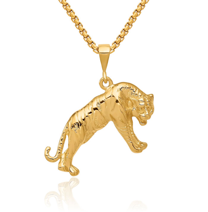 14K Solid Yellow Gold Tiger Necklace Chain Pendant Charm