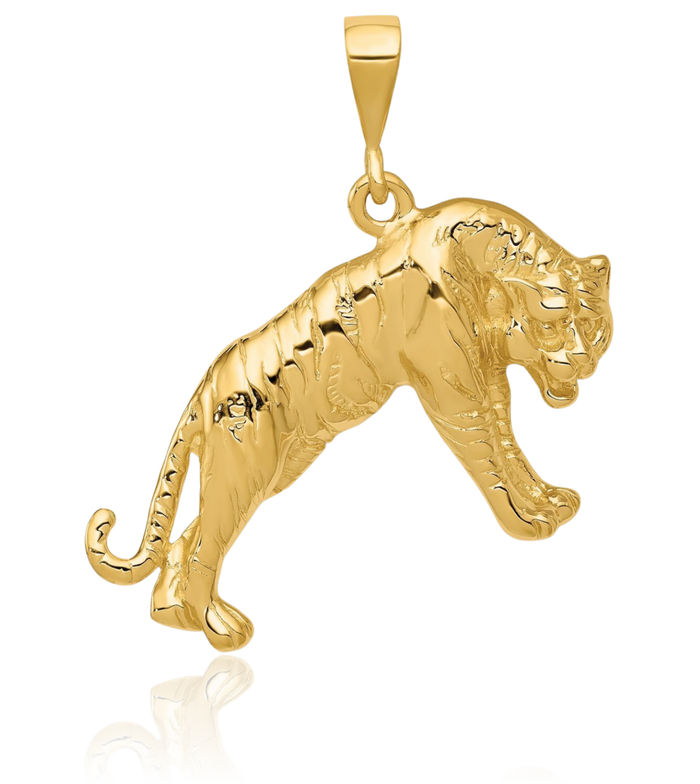 14K Solid Yellow Gold Tiger Necklace Chain Pendant Charm