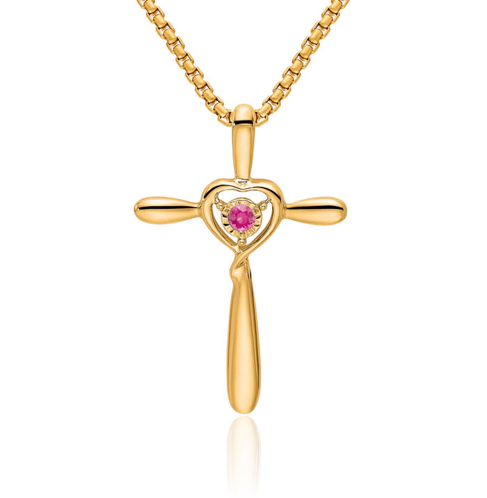 14K Solid Yellow Gold Pink Tourmaline Holy Cross Heart Floating Chain Slide Pendant Necklace Gemstone Charm October Birthstone Jewelry