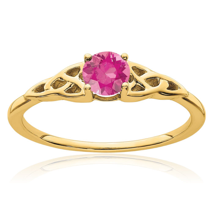 14K Solid Yellow Gold Pink Tourmaline Heart Irish Claddagh Celtic Love Knot Ring Gemstone Band October Birthstone Jewelry