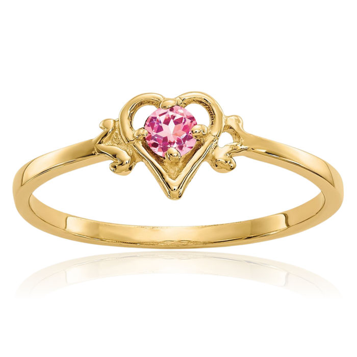 14K Solid Yellow Gold Pink Tourmaline Heart Ring Love Band October Birthstone Jewelry