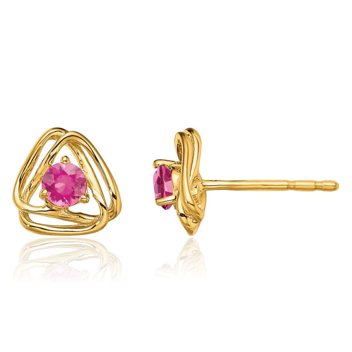 14K Solid Yellow Gold Pink Tourmaline Stud Earrings October Birthstone Jewelry