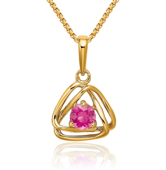 14K Solid Yellow Gold Pink Tourmaline Triangle Necklace Charm Gemstone Pendant October Birthstone Jewelry