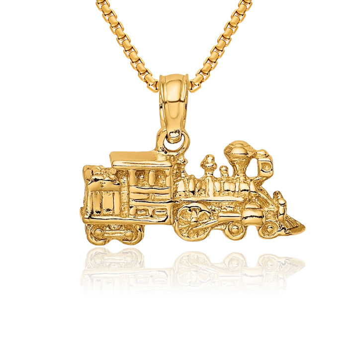 14K Solid Yellow Gold Train Necklace Chain Pendant Charm