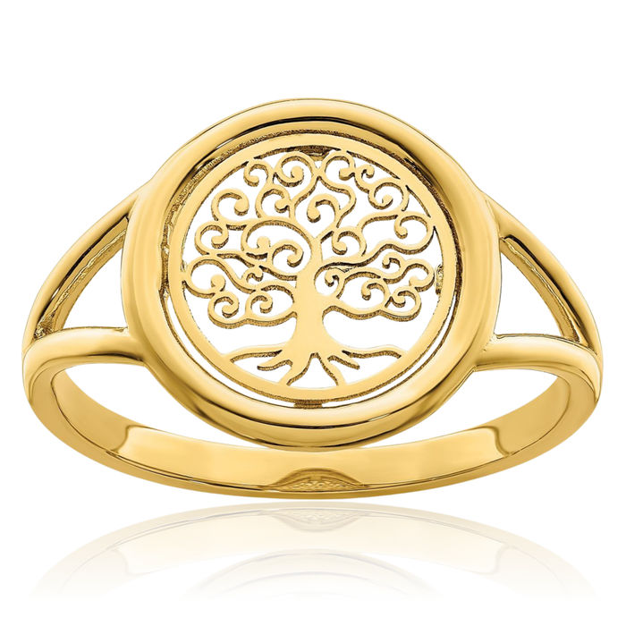 14K Solid Yellow Gold Tree of Life Circle Round Flower Ring