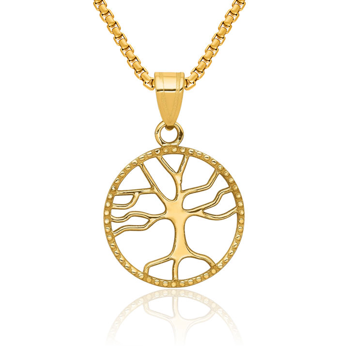 14K Solid Yellow Gold Tree of Life Round Necklace Chain Pendant Charm