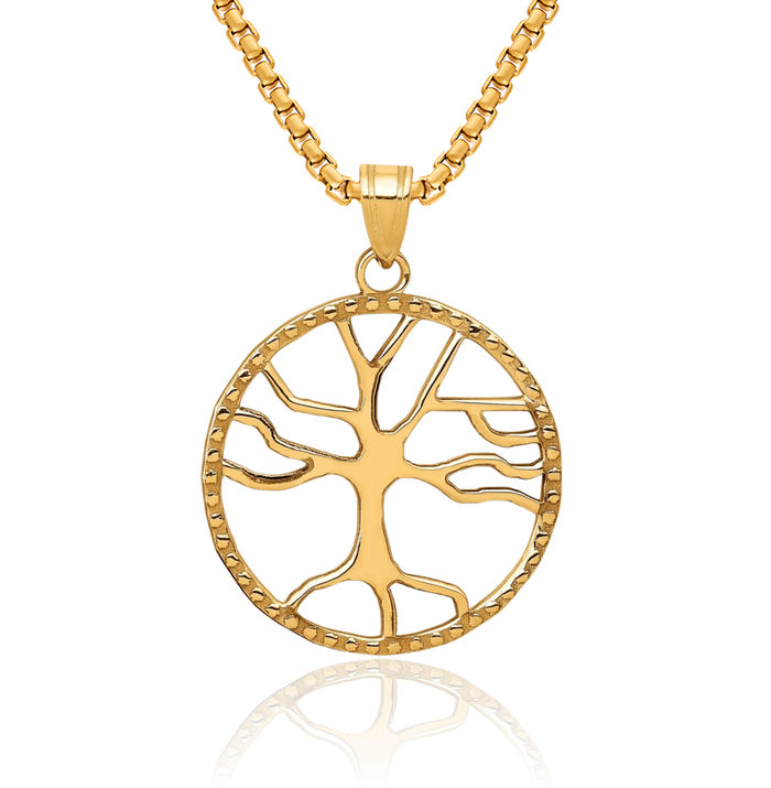 14K Solid Yellow Gold Tree of Life Round Necklace Chain Pendant Charm