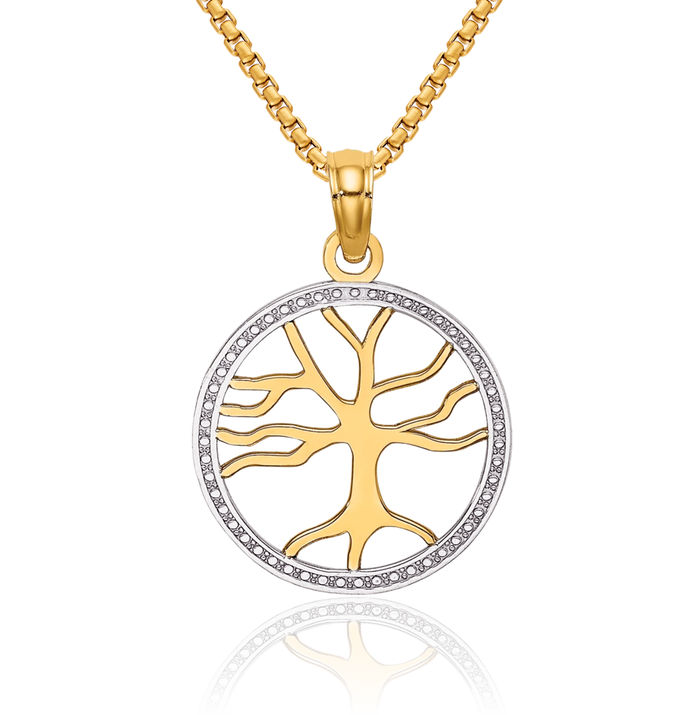 14K Solid Yellow Gold Tree of Life Round Necklace Chain Pendant Charm