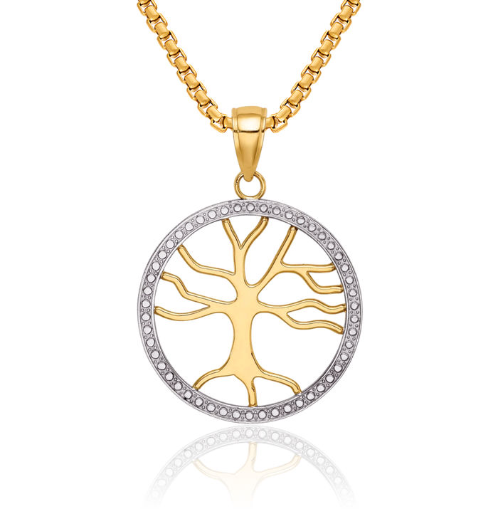 14K Solid Yellow Gold Tree of Life Round Necklace Chain Pendant Charm