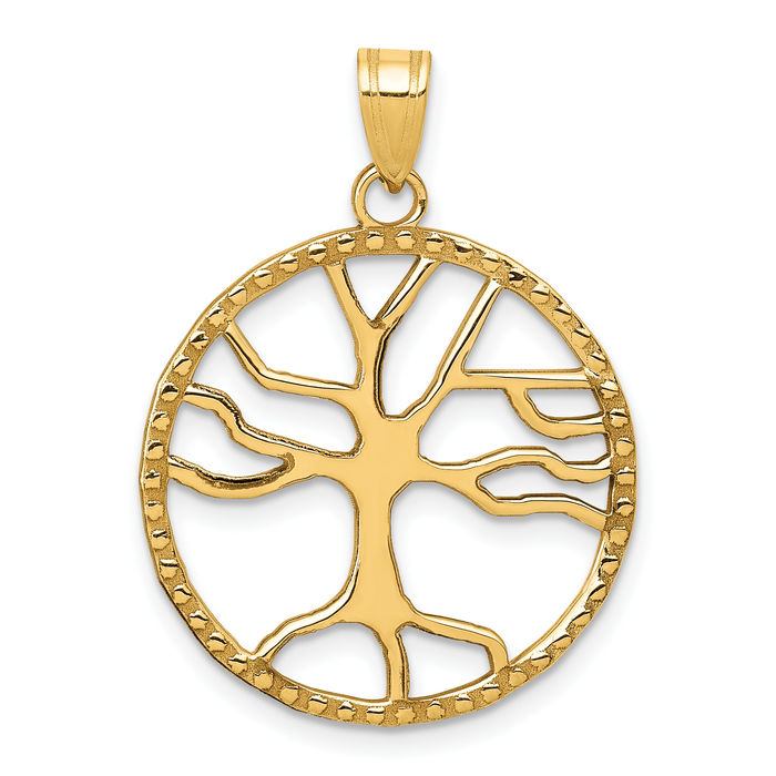 14K Solid Yellow Gold Tree of Life Round Necklace Chain Pendant Charm