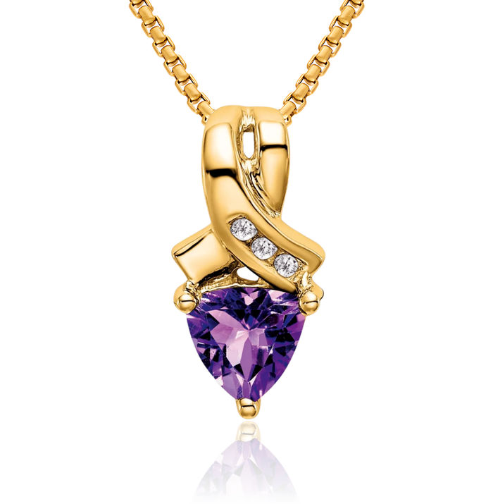 14K Solid Yellow Gold Trillion Purple Amethyst Diamond Necklace Charm Gemstone Pendant