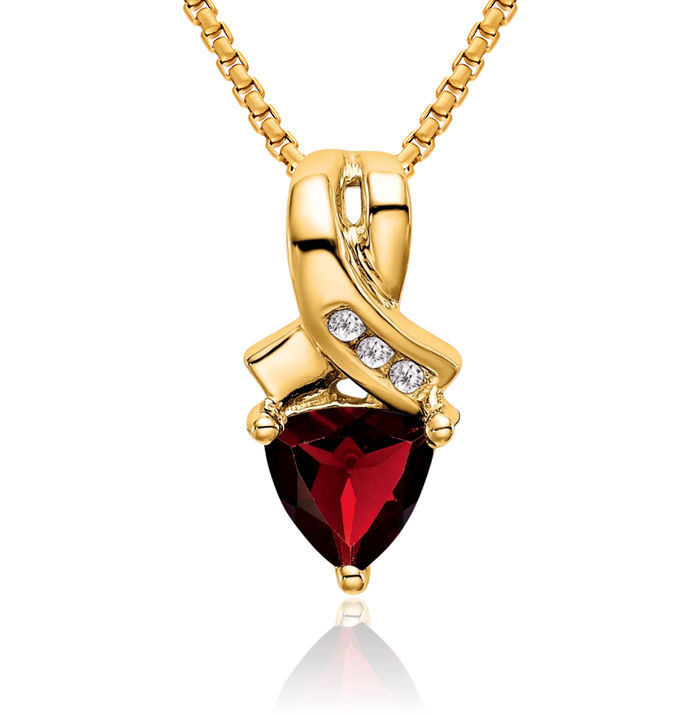 14K Solid Yellow Gold Trillion Red Garnet Diamond Necklace Charm Gemstone Pendant