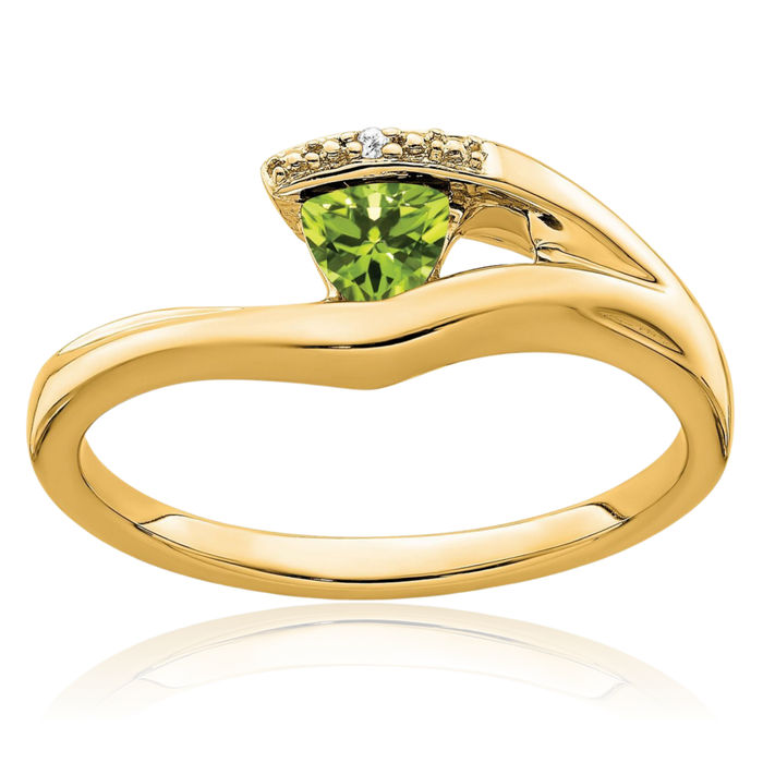 14K Solid Yellow Gold Trillion Green Peridot Diamond Ring Gemstone Band August Birthstone Jewelry