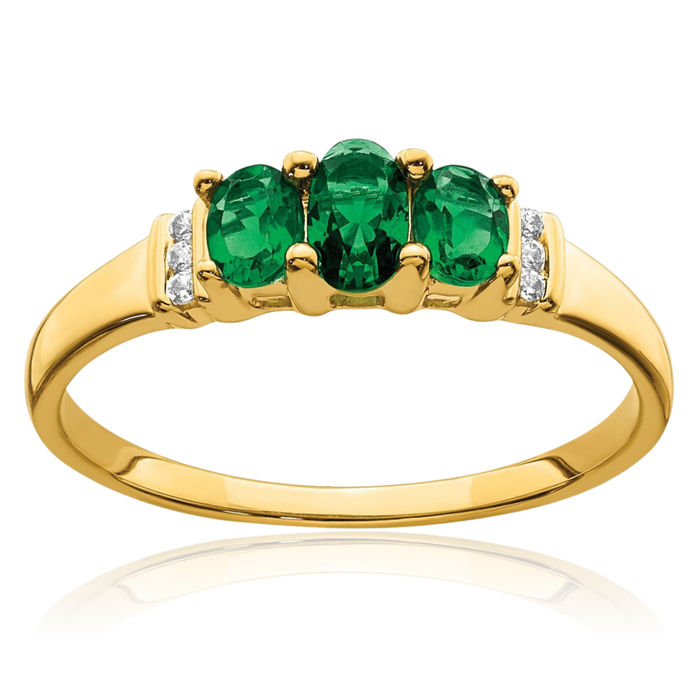 14K Solid Yellow Gold Triple Green Emerald Diamond 3 Stone Ring Gemstone Band May Birthstone Jewelry