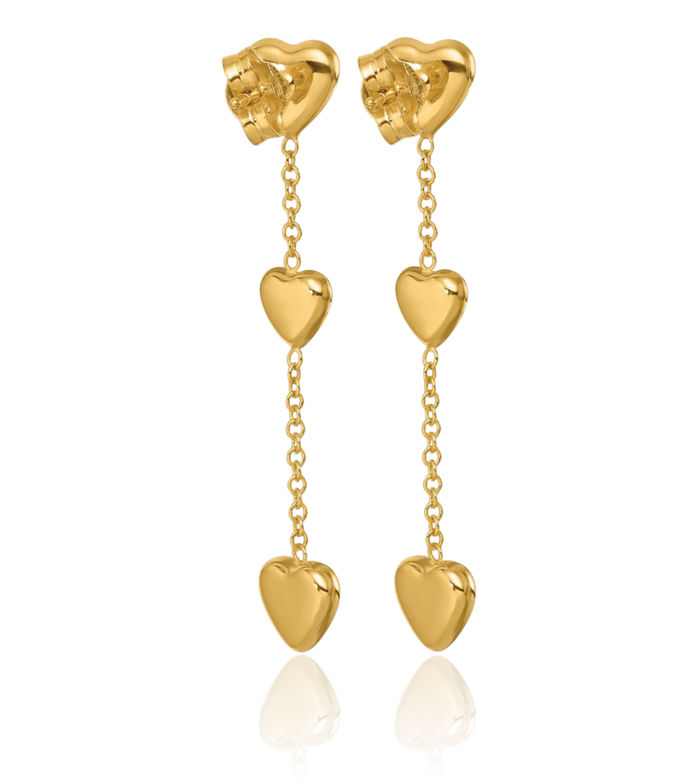 14K Solid Yellow Gold Triple Heart Post Drop Dangle Earrings