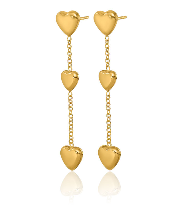 14K Solid Yellow Gold Triple Heart Post Drop Dangle Earrings