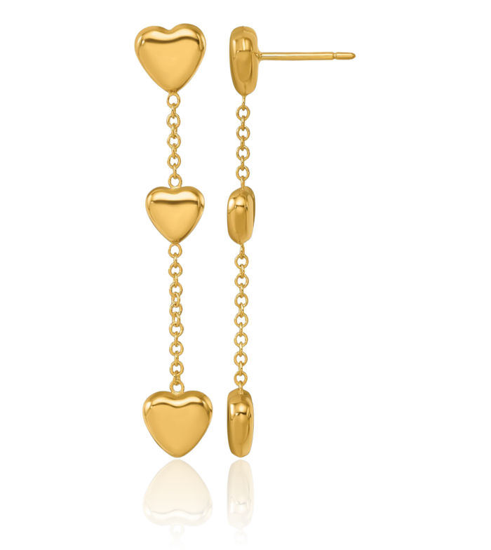 14K Solid Yellow Gold Triple Heart Post Drop Dangle Earrings