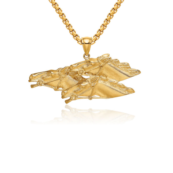 14K Solid Yellow Gold Triple Horse Head Necklace Animal Lover Pendant Equestrian Charm