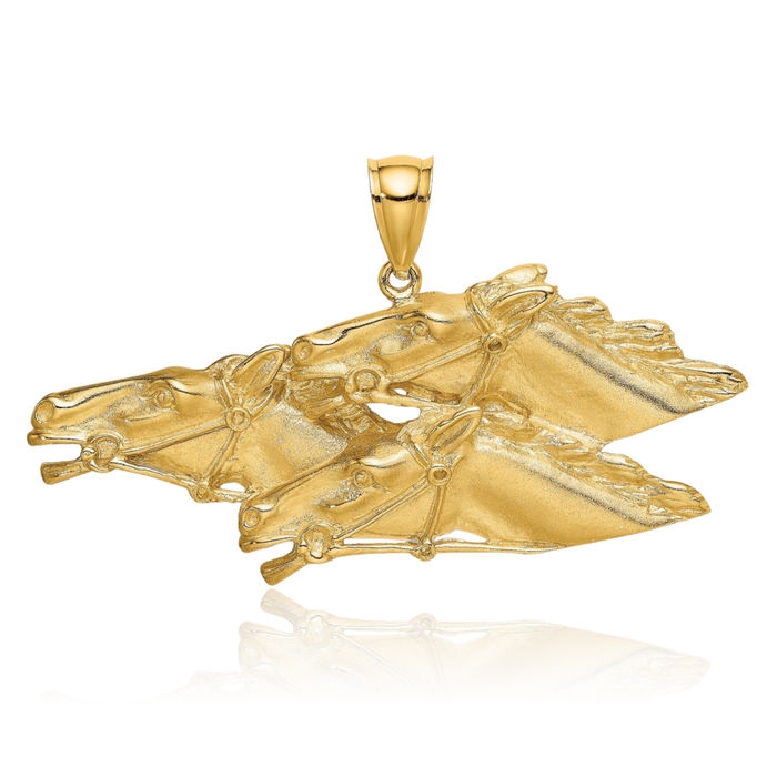 14K Solid Yellow Gold Triple Horse Head Necklace Animal Lover Pendant Equestrian Charm
