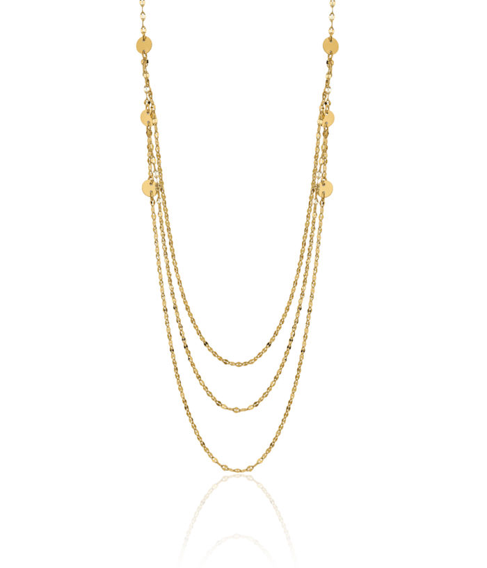 14K Solid Yellow Gold Triple Layering Circle Round Chain Necklace