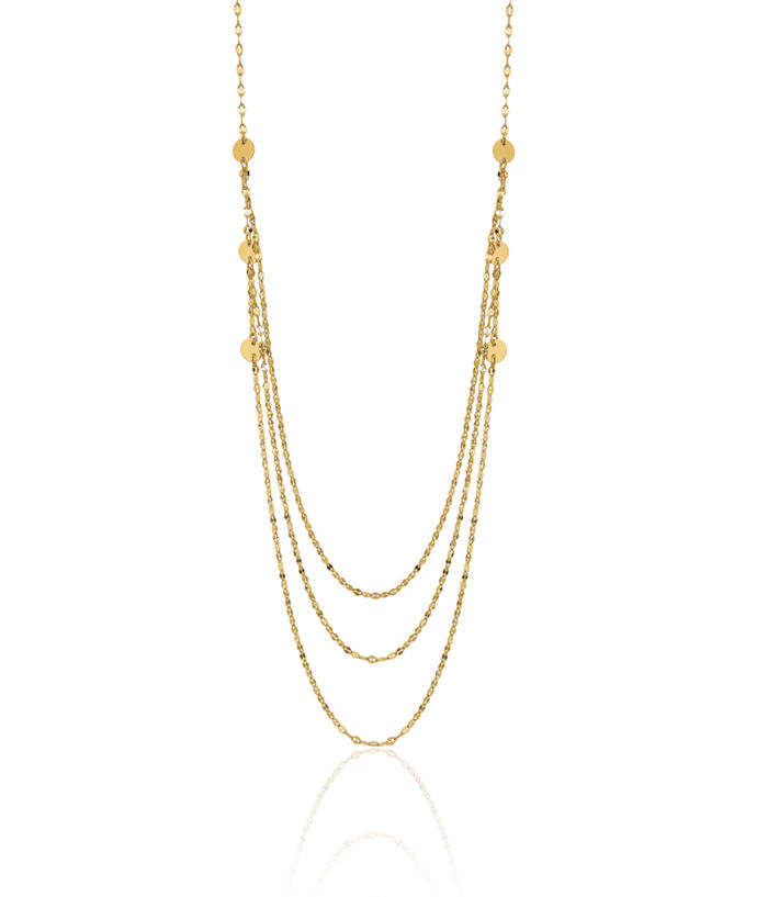 14K Solid Yellow Gold Triple Layering Circle Round Chain Necklace